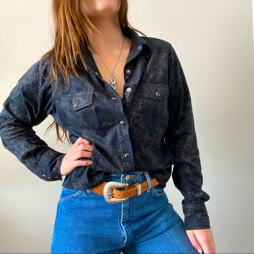 Size M faux suede floral button down from Outback Trading company